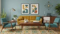 Colorful Mid-Century Modern Living Room with Geometric Pattern and Stylish Decor Royalty Free Stock Photo